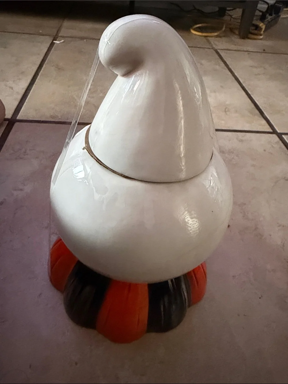 Whimsical White and Orange Ghost Figurine Ceramic jar